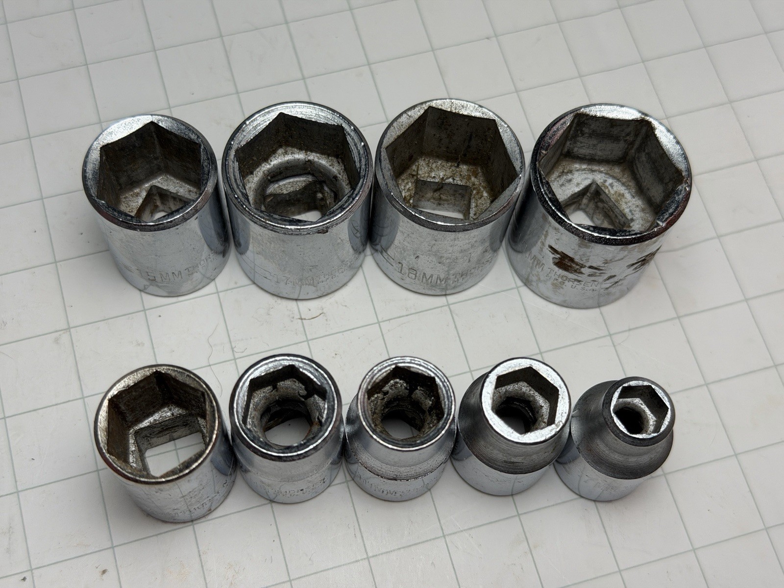 Lot of 9 Thorsen USA Metric 3/8 drive sockets, 19, 18, 17, 15, 13, 11, 10, 9, 7