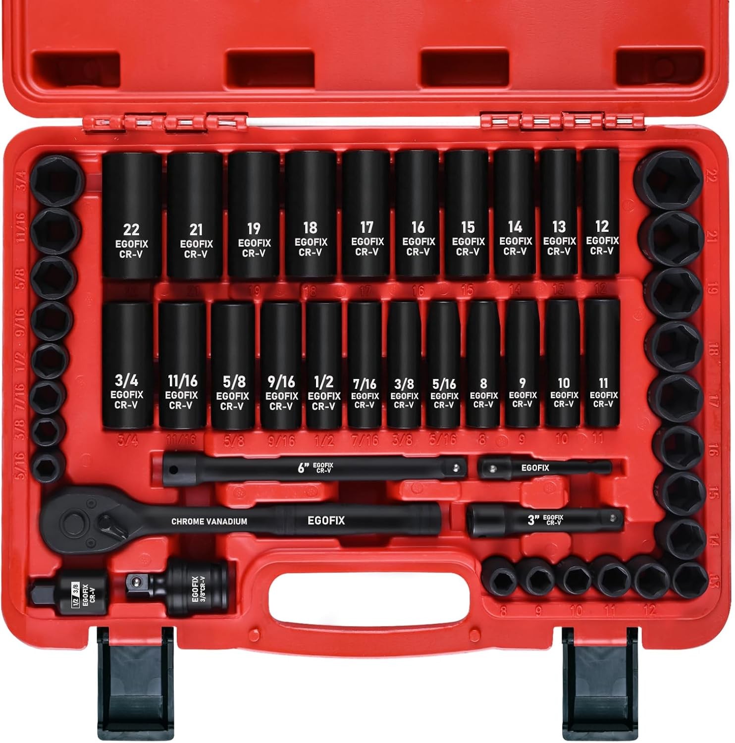 50 Pieces Impact Socket Set 3/8 Drive SAE Metric 6 Point Ratchet Extension Cr-V