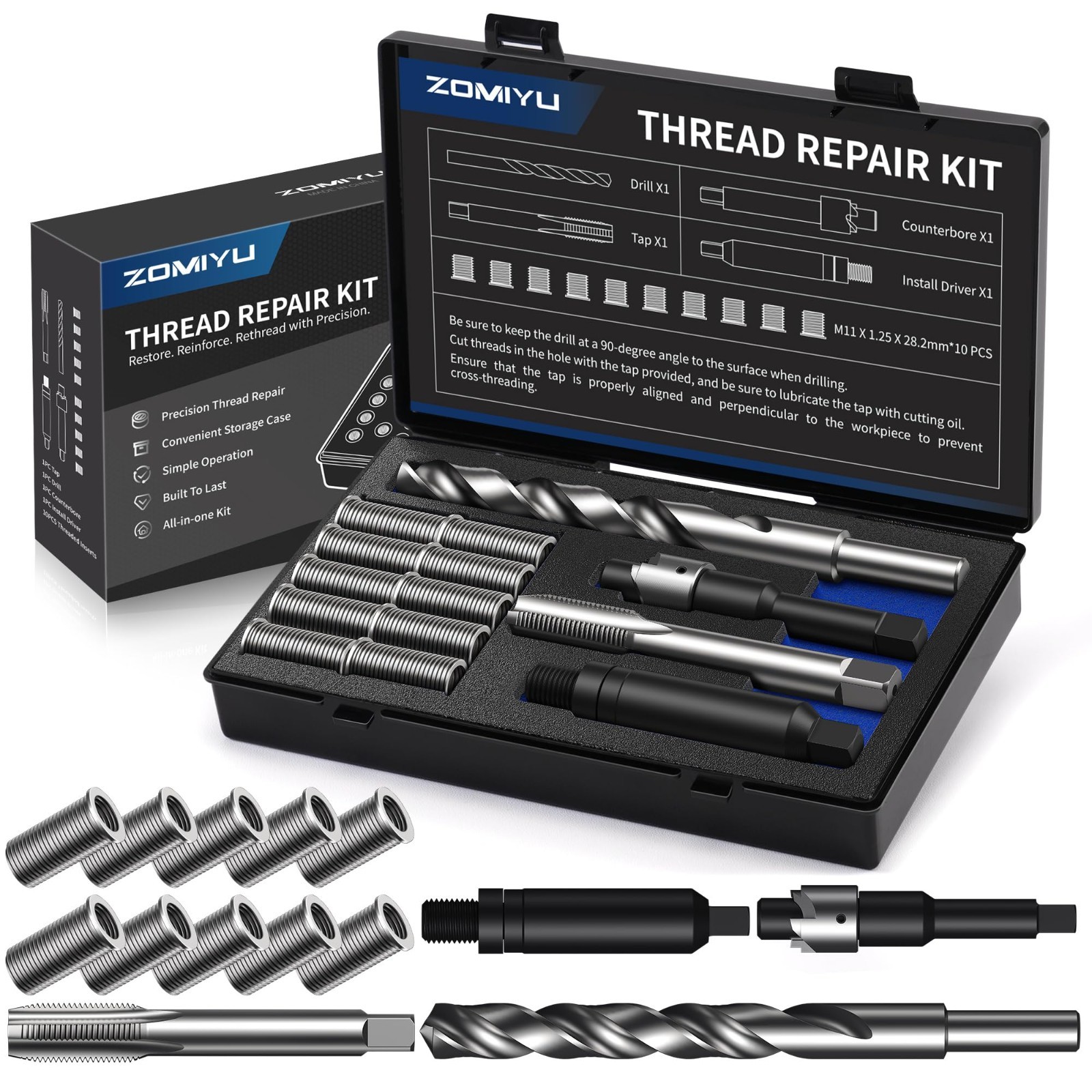 M11x1.25 Metric Thread Repair Kit – HSS Drill, Tap, Counterbore & 10 Inserts