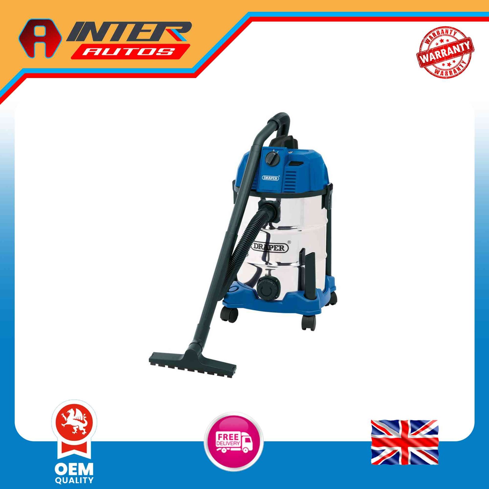 Draper 230V Wet and Dry Vacuum Cleaner with Stainless Steel Tank 30L 1600W 20523
