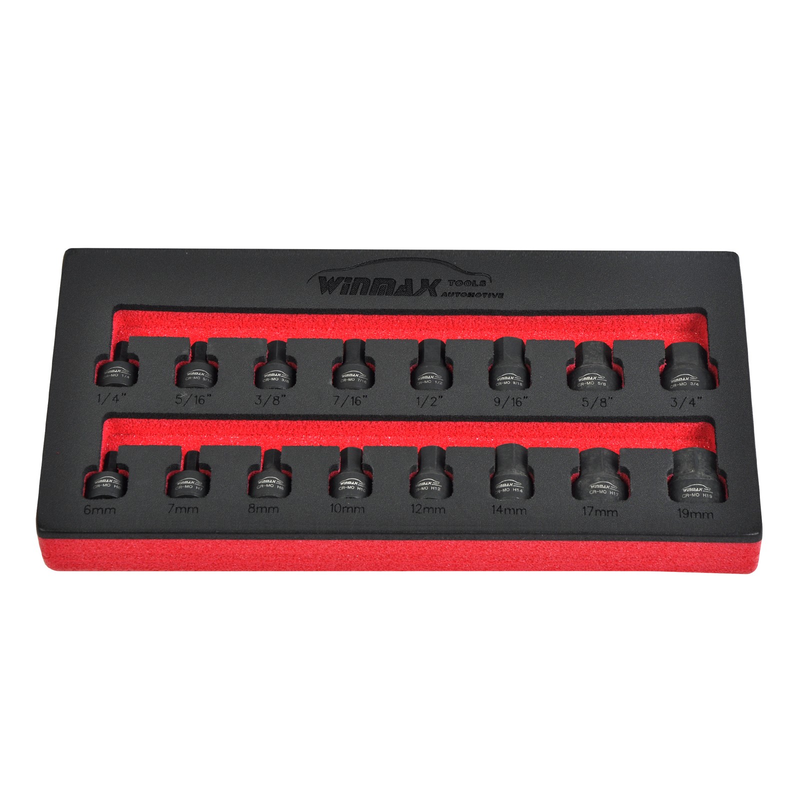 3/8″ Drive Low Profile Impact Hex Driver Set, Metric 6-19mm, SAE 1/4″-3/4″ 16pcs