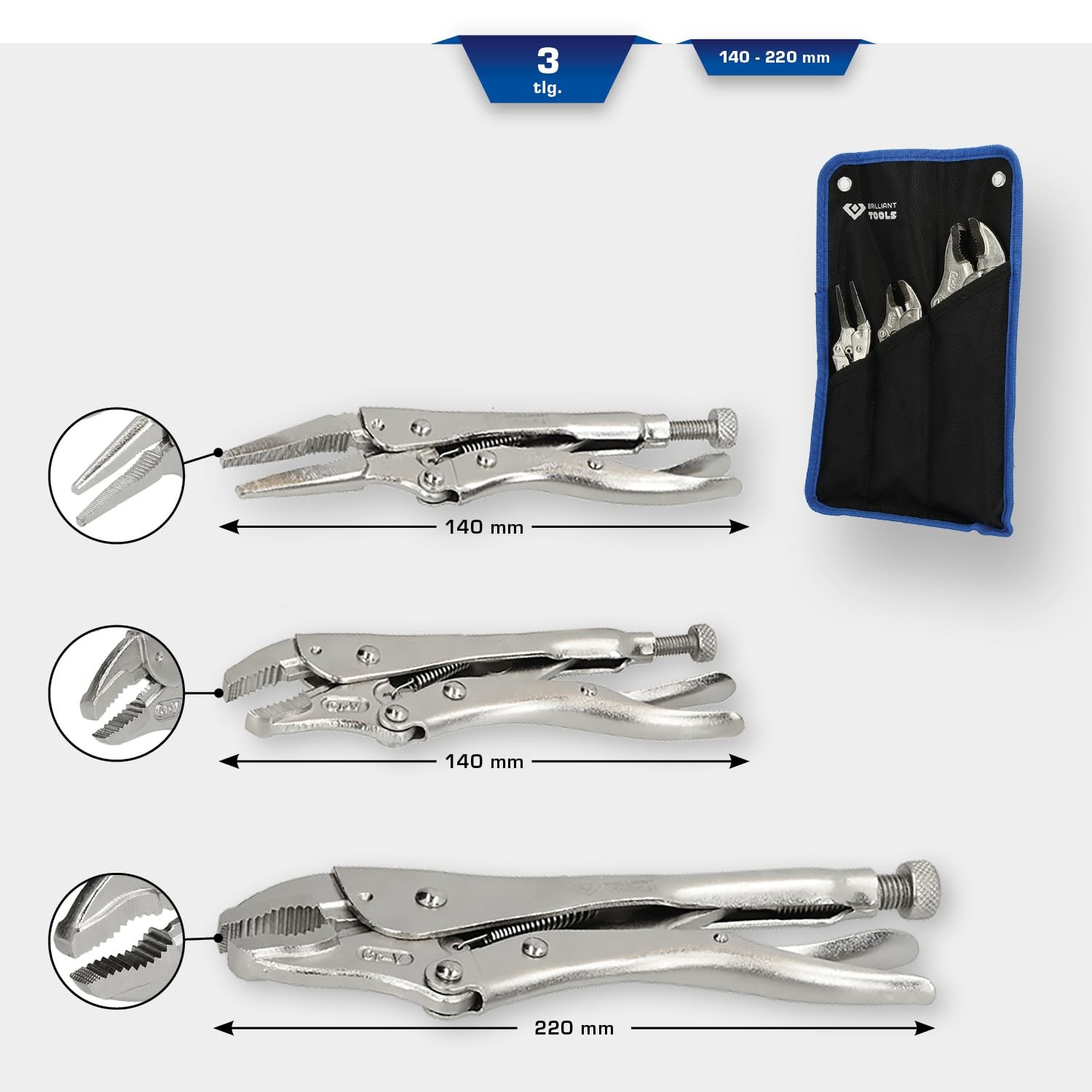BT065003 Locking Pliers Grip Pliers Set, 3pc Powered by KS TOOLS Tool Steel