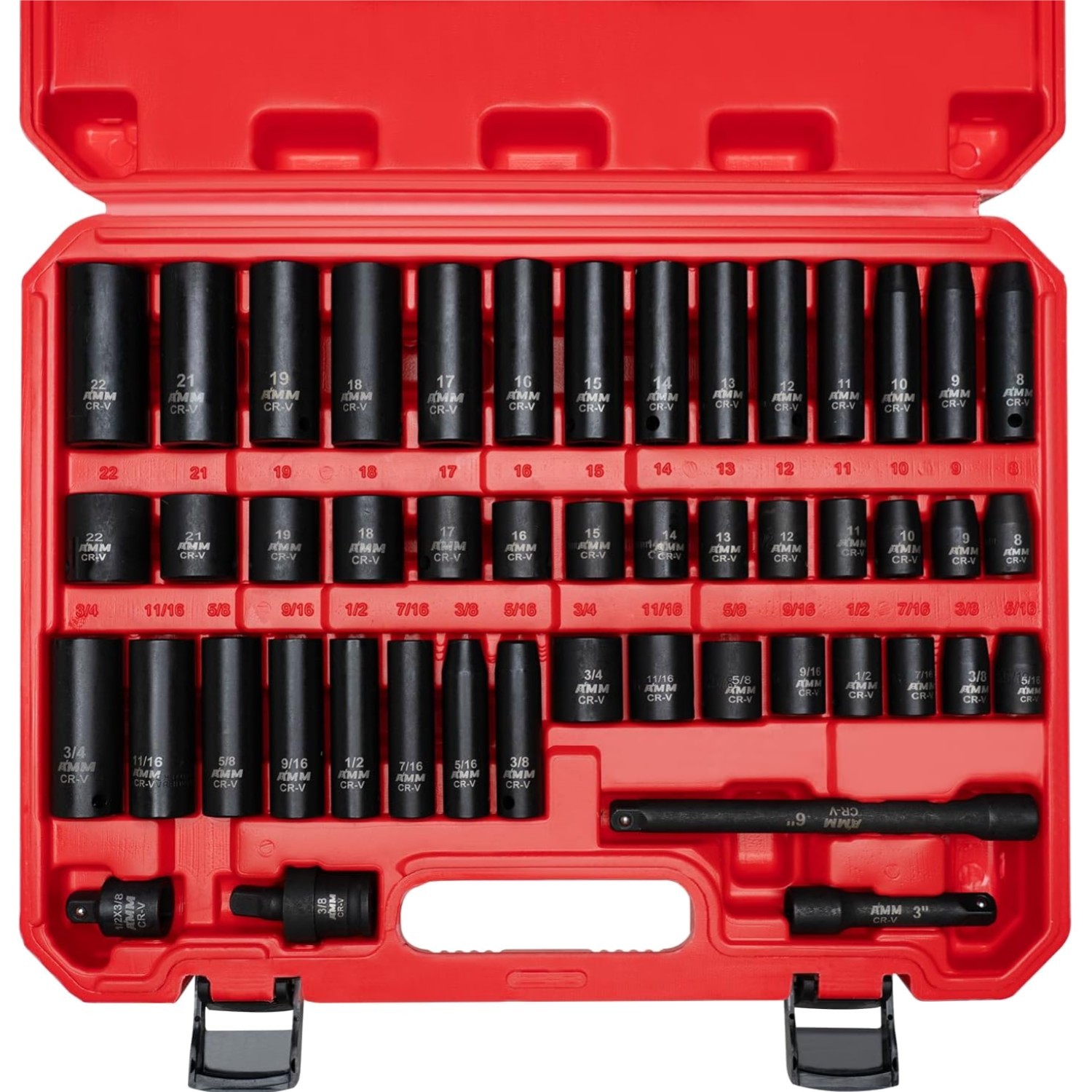 3/8″ Drive Impact Socket Set 48-Piece Standard SAE Metric 8-22mm