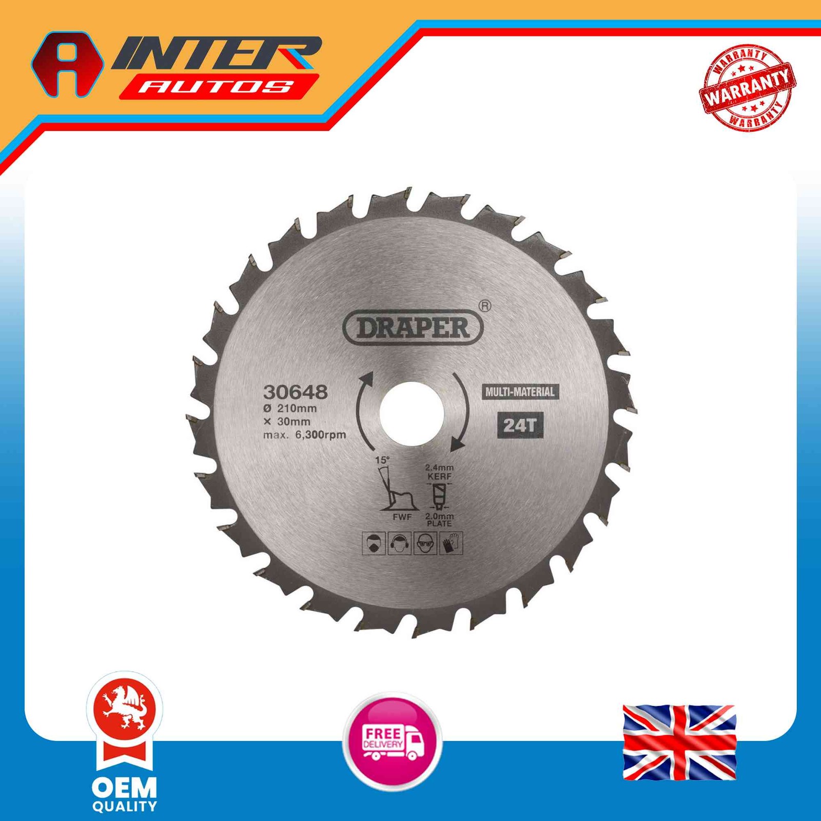 Draper TCT Multi-Purpose Circular Saw Blade, 210 x 30mm, 24T 30648