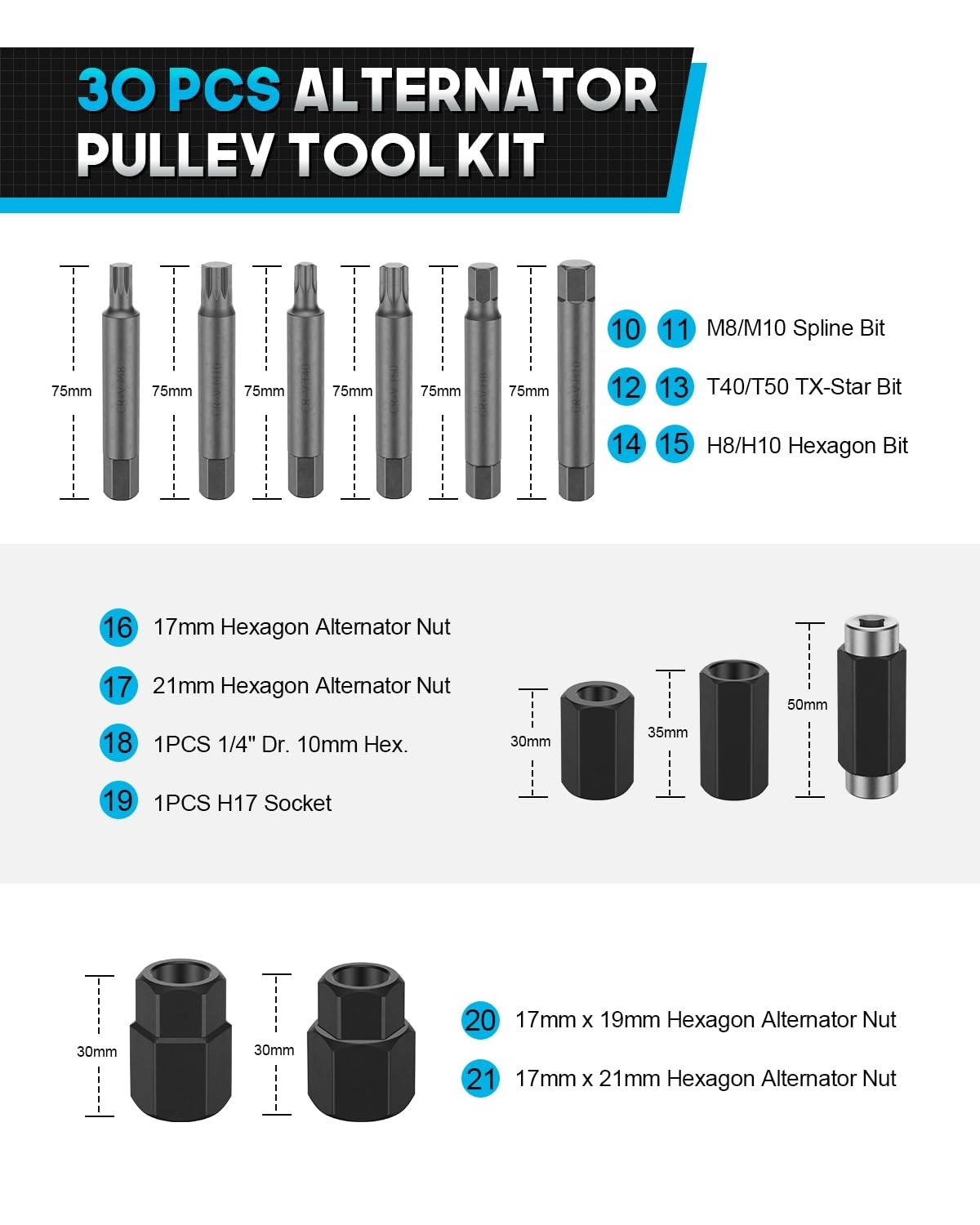 30PCS Alternator Pulley Removal Tool Kit, Decoupler & Clutch Freewheel Set for V