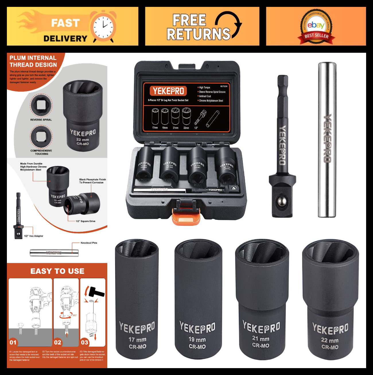 6PCS Lug Nut Removal Tool Set | 1/2″ Bolt Extractor, Impact Twist Socket Kit 17-