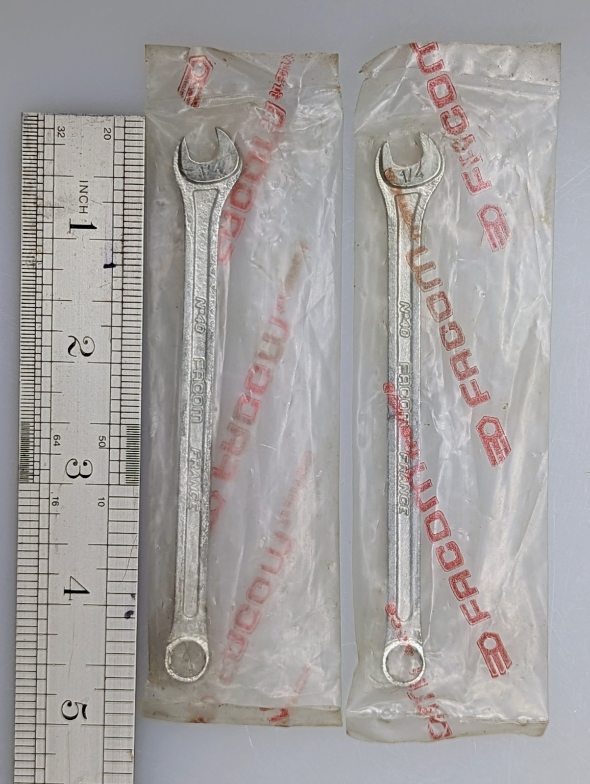Two – Vintage FACOM, 1/4″ SAE Combination Wrenches «No. 40». New in packages.