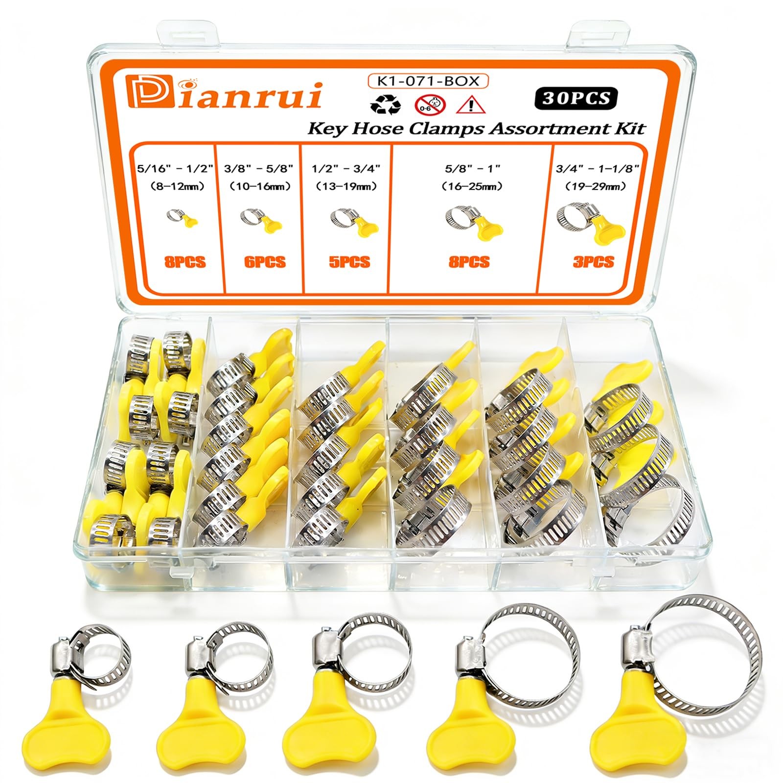 Dianrui 30 PCS Thumb Screw Hose Clamps Assortment 30PCS(5/16″-1-1/8″), Yellow