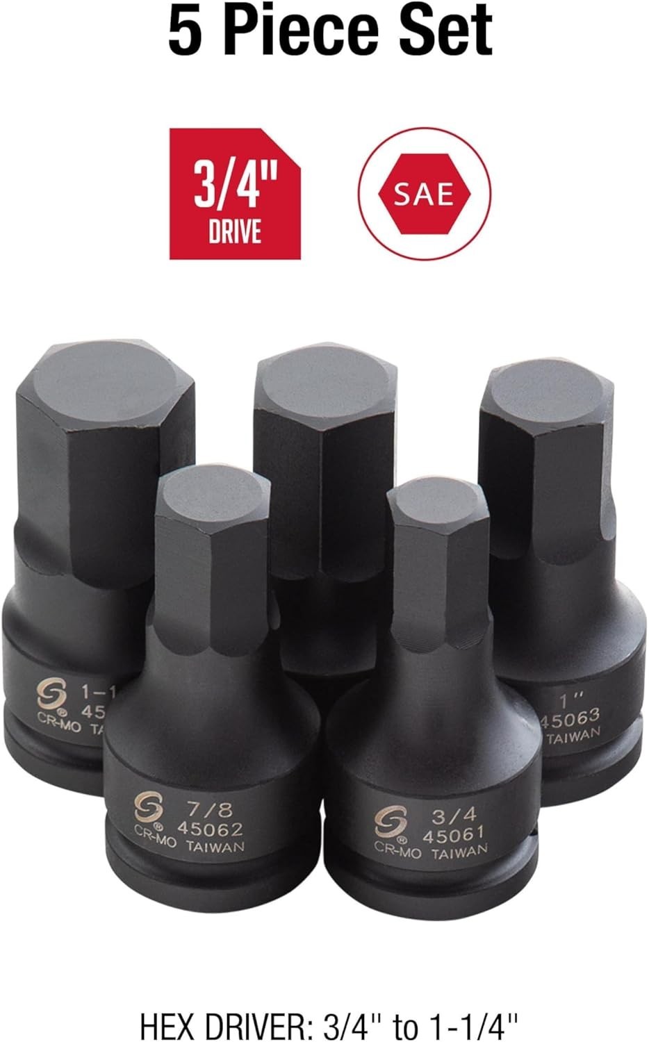 3/4 Inch Drive Impact Hex Driver Set, 5-Pieces, SAE, 3/4″ – 1-1/4″, Cr-Mo Steel