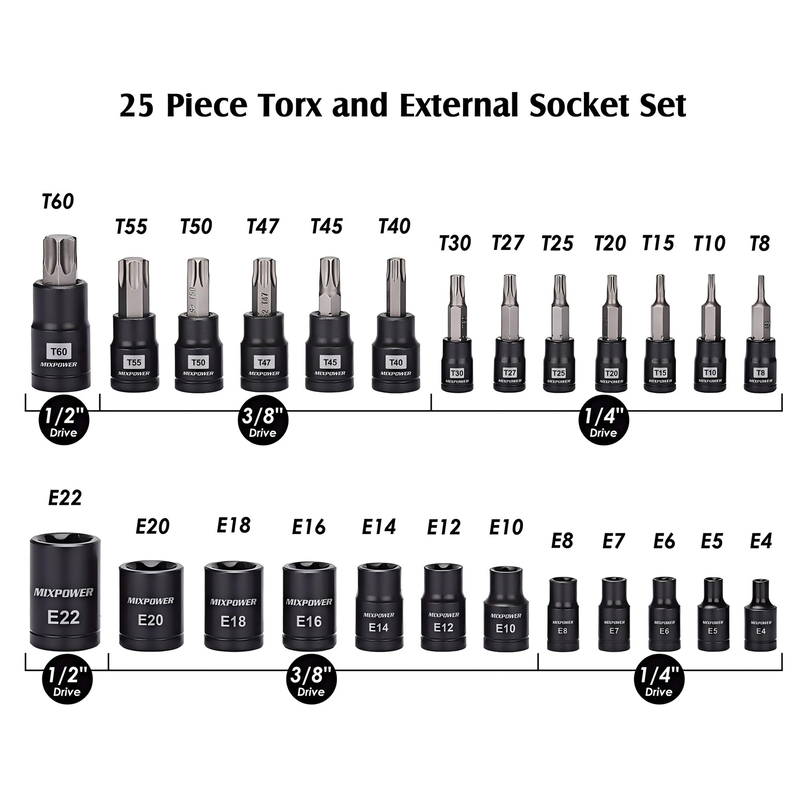 25PACK Torx Bit Socket and External Socket Set 13 T8-T60 & Female E-Torx Sockets