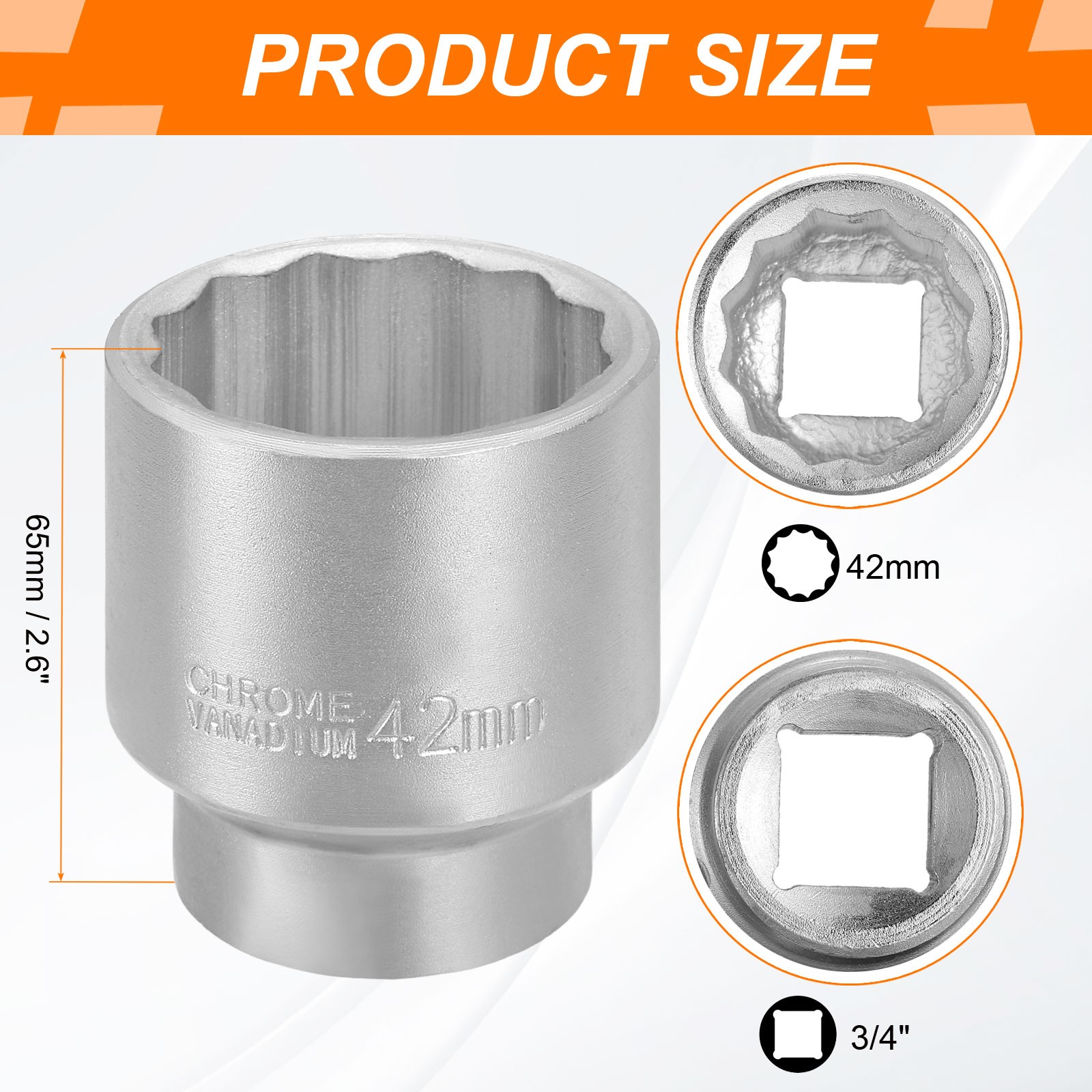 3pcs 12 Points Socket 3/4″ Drive 42mm Metric Impact 2.6″ Long Zinc Plating