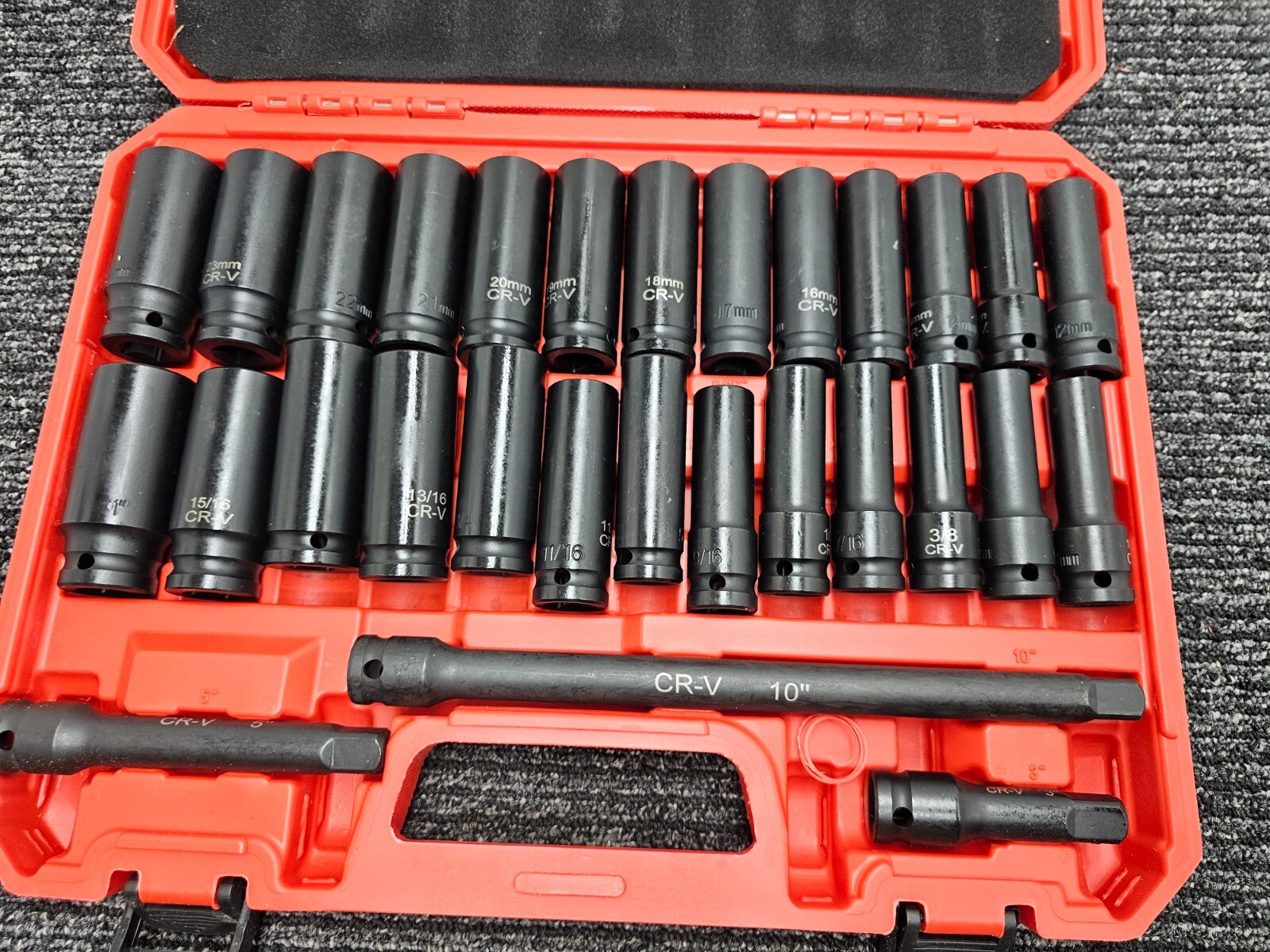 Drive Deep Impact 29 Piece Socket CR-V Extension Bar SAE Metric Black Red Case