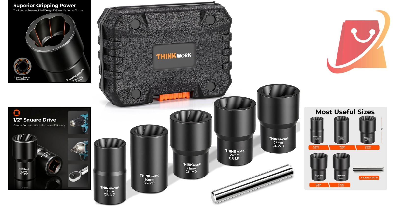 Lug Nut Removal Tool Set Chrome Molybdenum Steel 6 Pieces for Stripped Bolts