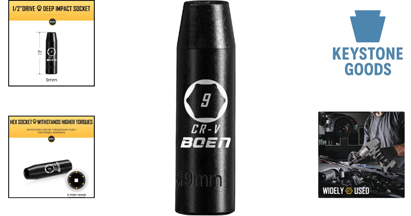 1/2″ Drive 9mm Deep Impact Socket – CR-V Steel, 6-Point, Corrosion-Resistant,…