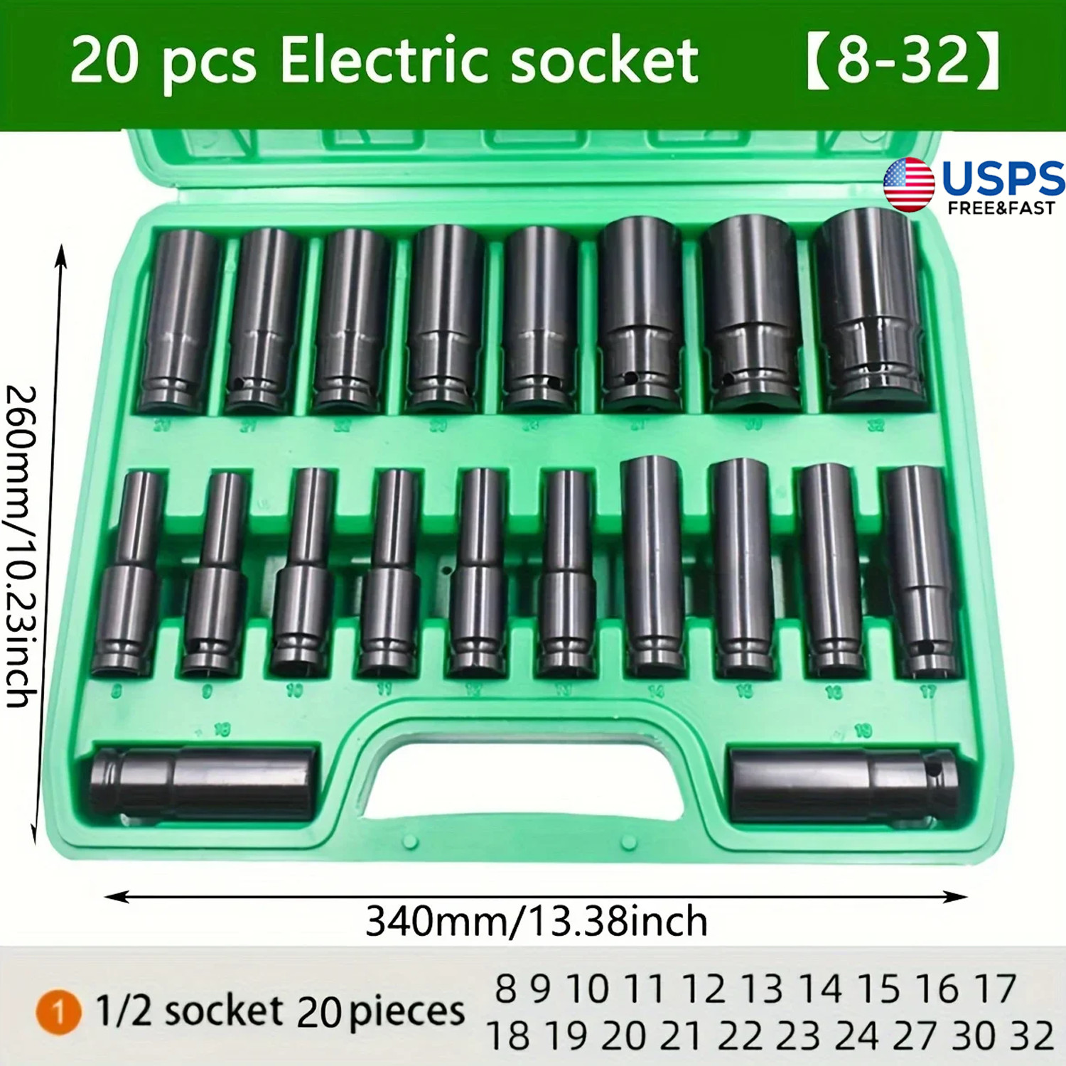 20PCS 1/2»Deep Impact Sockets Set Drive Metric 8mm-32mm Deep 6-Point Set US
