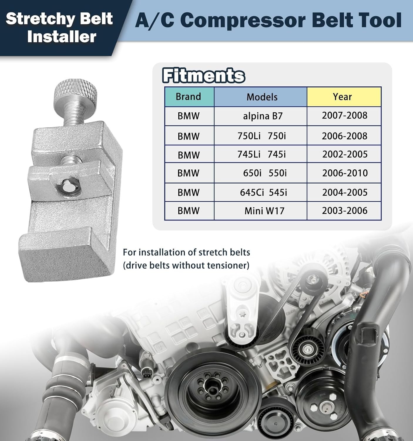 3458 A/C Belt Installation Tool Compatible for BMW N62&Mini W17 A/C Belt 641040