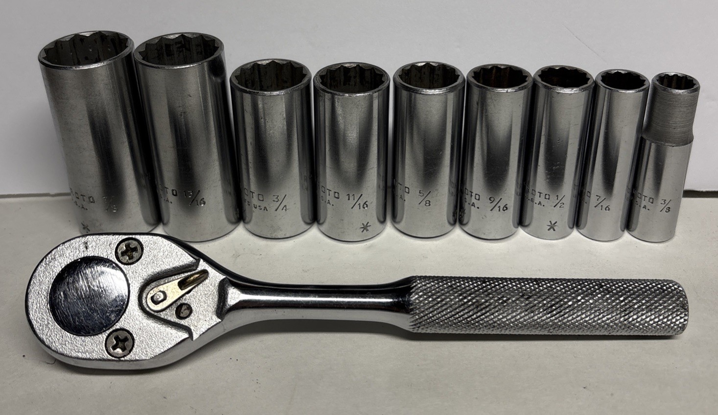 PROTO 3/8” Ratchet No. 5249 & PROTO 9 Piece 3/8” Drive Deep 12pt. Sockets U.S.A.