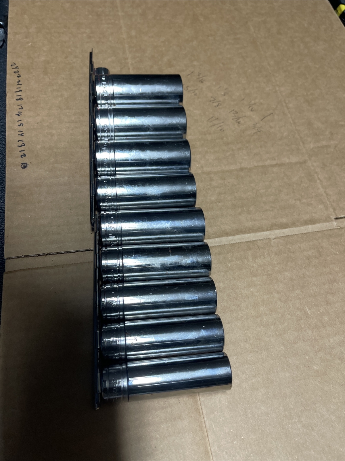 Snap On Deep Socket Set Of 9. 1-3/16,1-1/8,1-1/16,1,15/16,7/8,13/16,3/4,11/16,