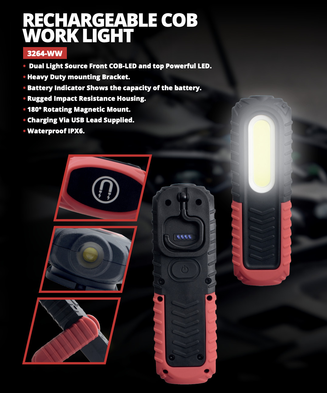 Welzh Werkzeug Mini COB LED Rechargeable Work Light Lamp 350 Lumens Rotating