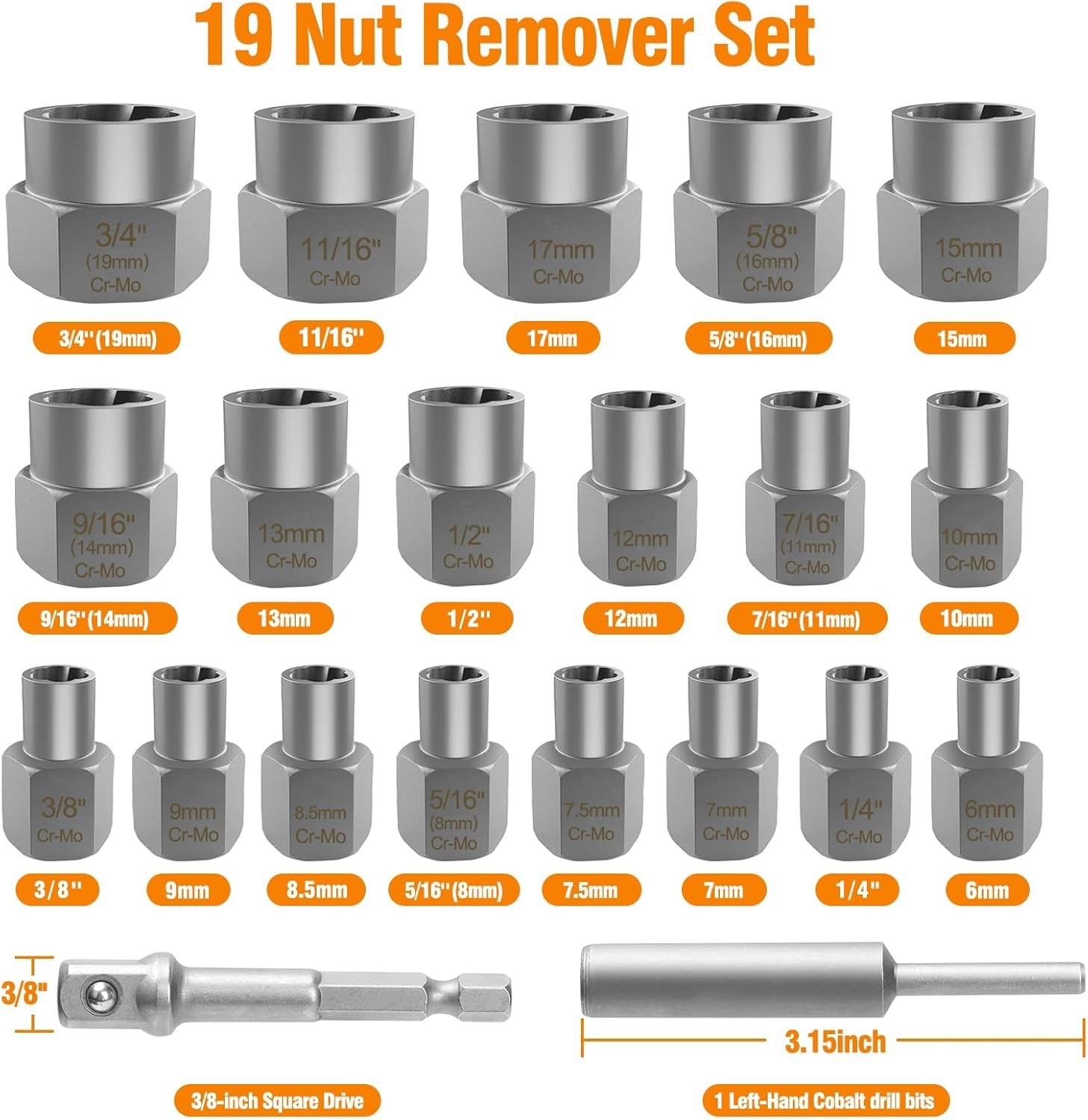 Bolt Extractor Set, Stripped Nut Remover Twist Sockets, Fit 3/8″ Square Drive…