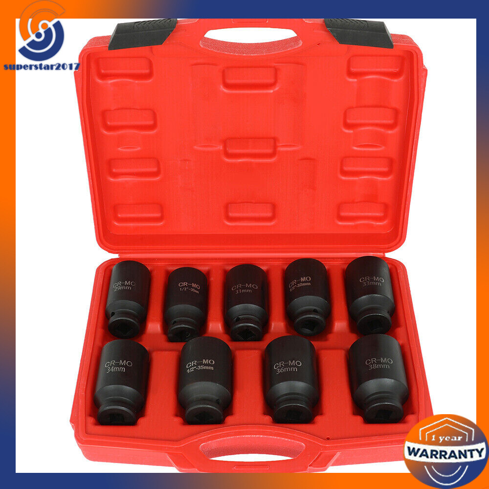 9Pcs Deep Impact Socket Set 1/2″Drive Metric Axle Hub Nut Socket 29-38mm 6-Point