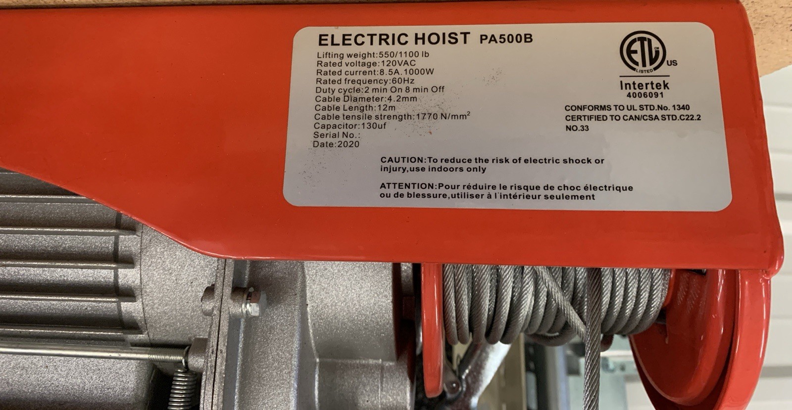 TESTED Intertek4006091 Electric Hoist PA500B Steel Winch 550/1100 LBS 120 VAC