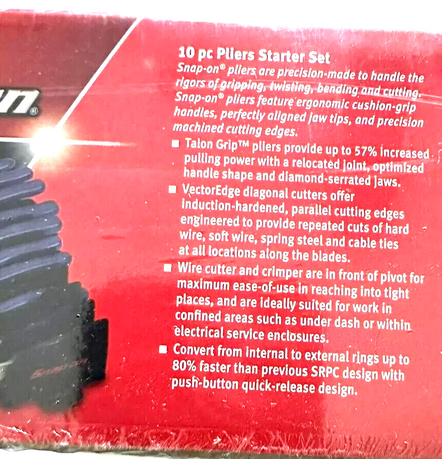 New Snap-on™ PL1000STARTMB 10pc Pliers Starter Set Needle Nose Cutters Crimper