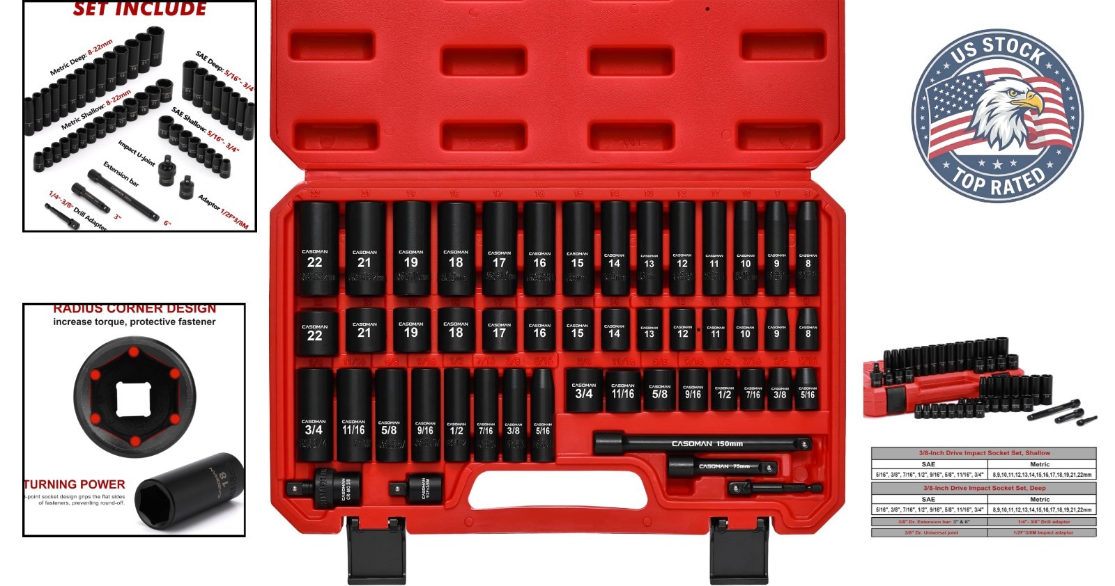 Chrome Vanadium 3/8″ Drive Impact Socket Set – Corrosion Resistant 49 Piece