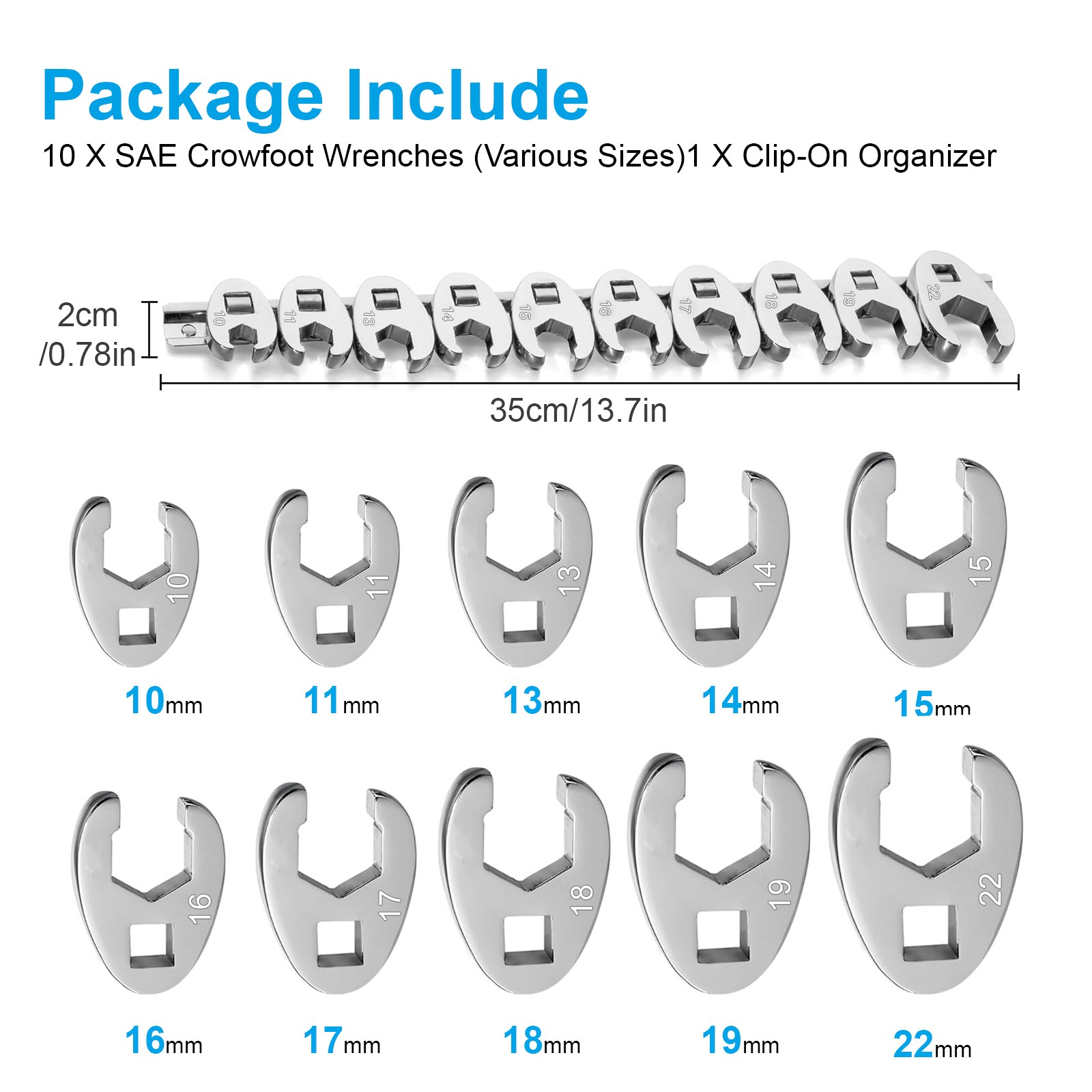 10 PCS Crowfoot Wrench Set 3/8″ Drive Interchangeable Heads w/ Clip-On Organizer