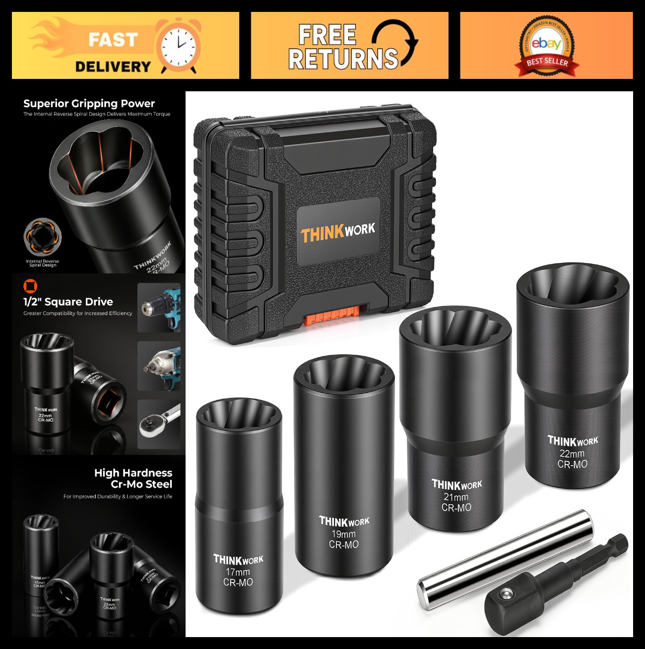 6-Piece Lug Nut Removal Tool Kit – Stripped, Rounded, Damaged Bolt Remover