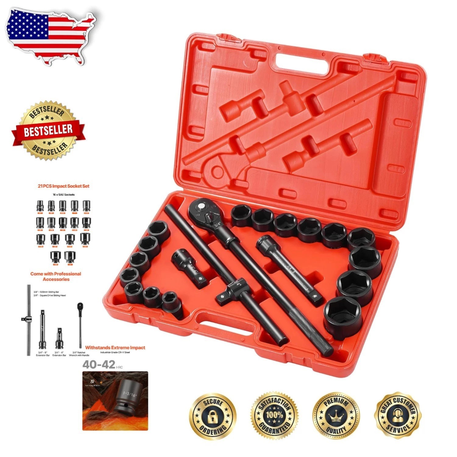 21pc 3/4″ Drive Impact Socket Set, SAE Alloy Steel, Heavy-Duty Truck Tool
