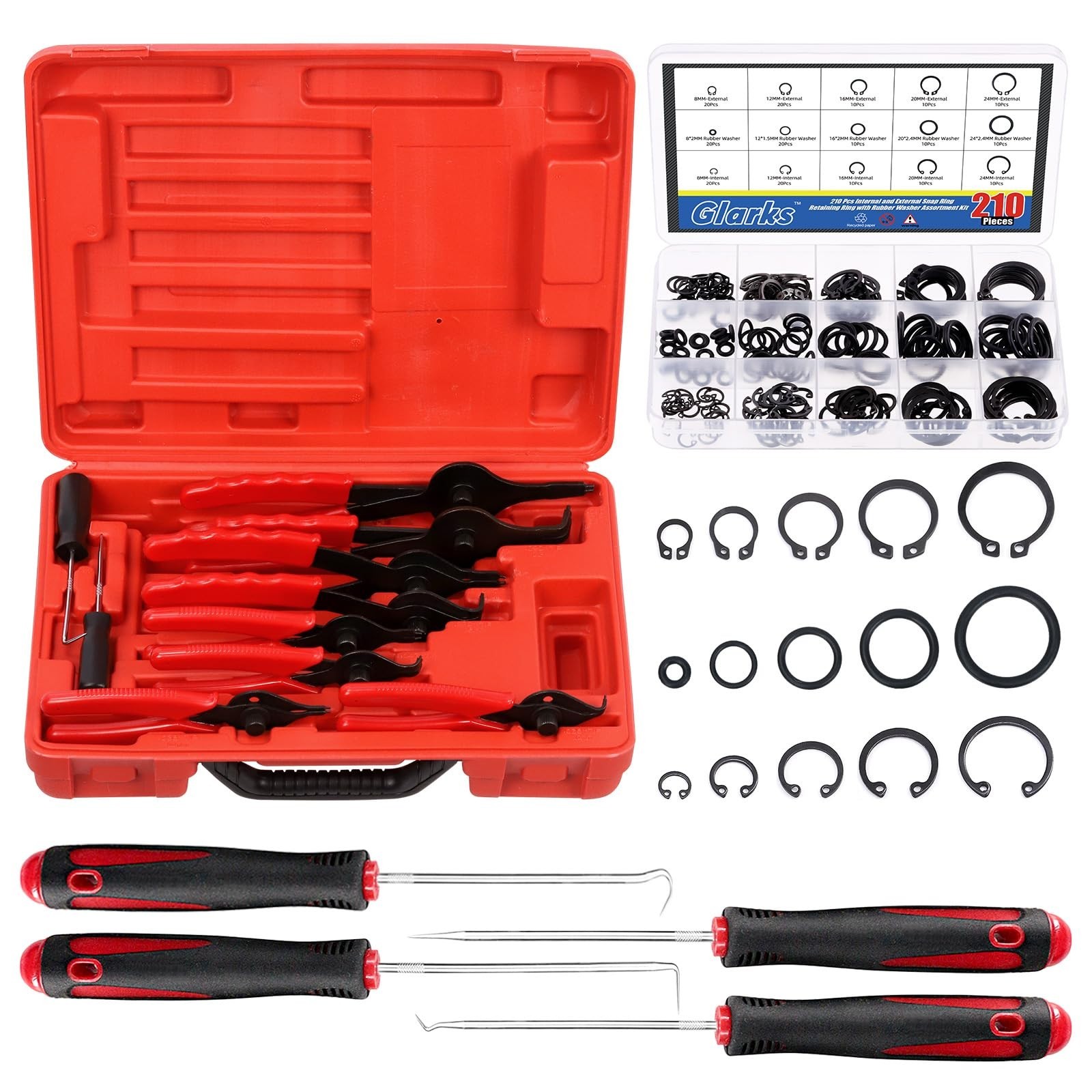 225Pcs Heavy Duty Snap Ring Pliers Set – Straight & Bent Jaw, Circlip Retaining