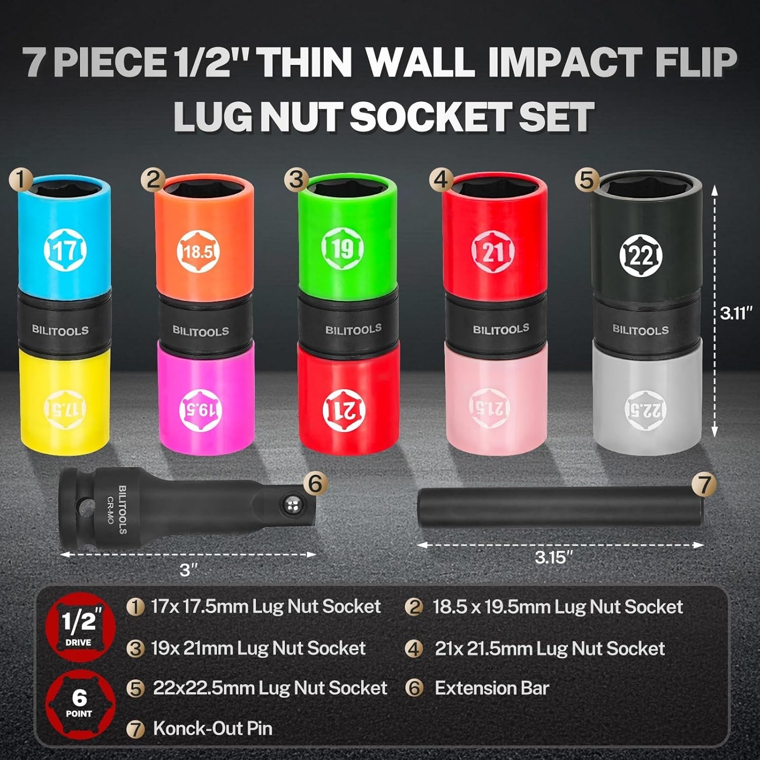 Half Size Lug Nut Socket Set – 7pc Metric Flip Sockets