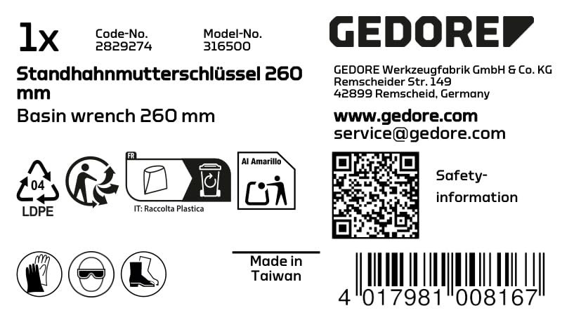GEDORE 316500 Basin Wrench 260 mm Multicolor