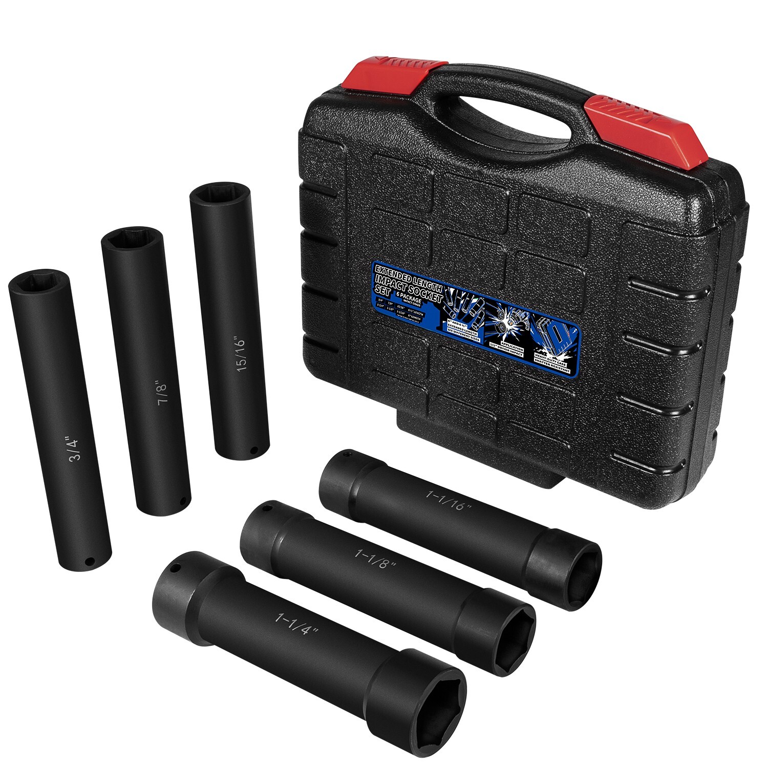 1/2 Inch Drive Heavy Duty Extended Length Extra-Deep Length Impact Socket , 6 PC