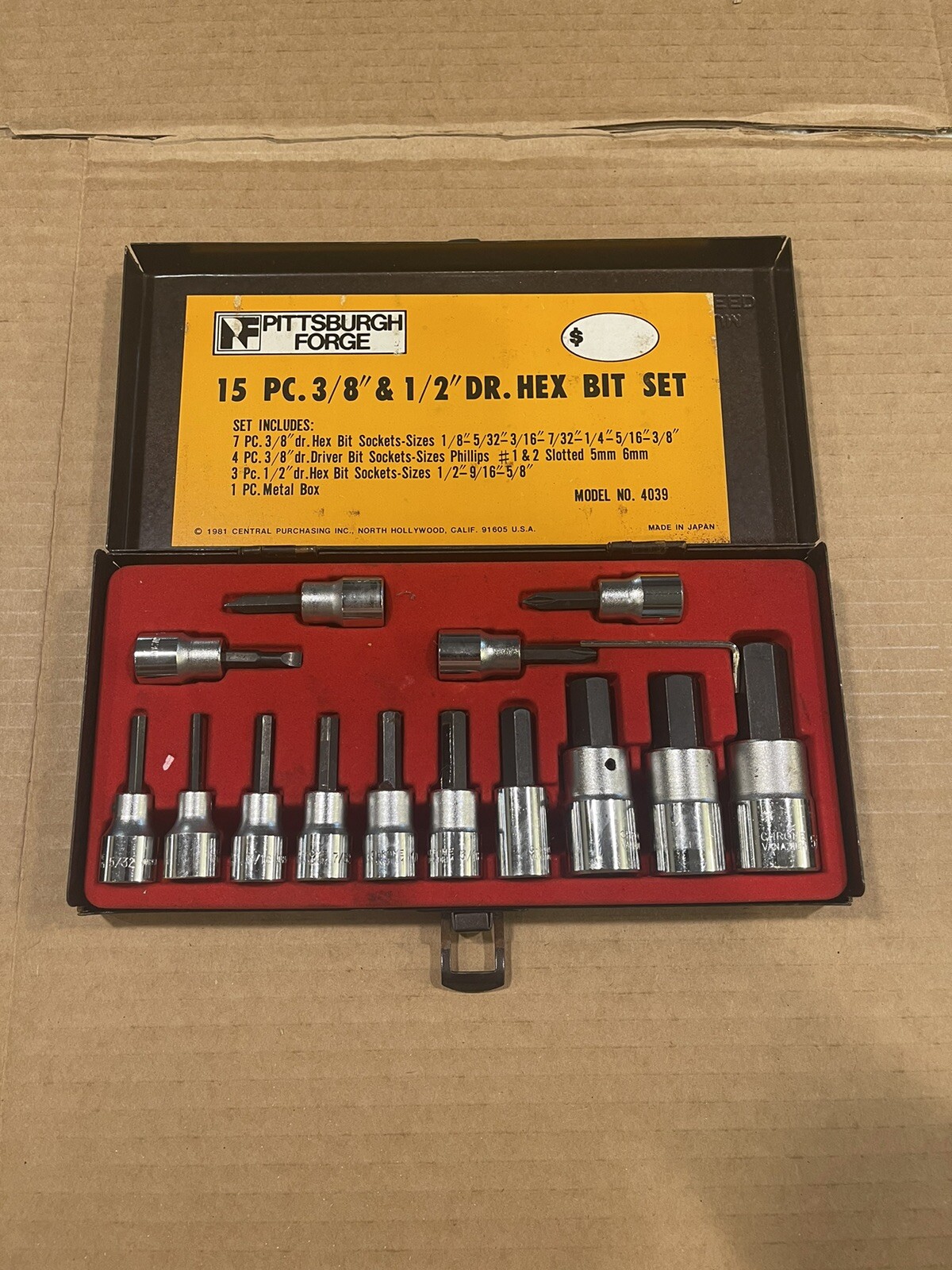 Vintage Pittsburgh Forge 15 Pc. 3/8” And 1/2” Dr. Hex Bit Set