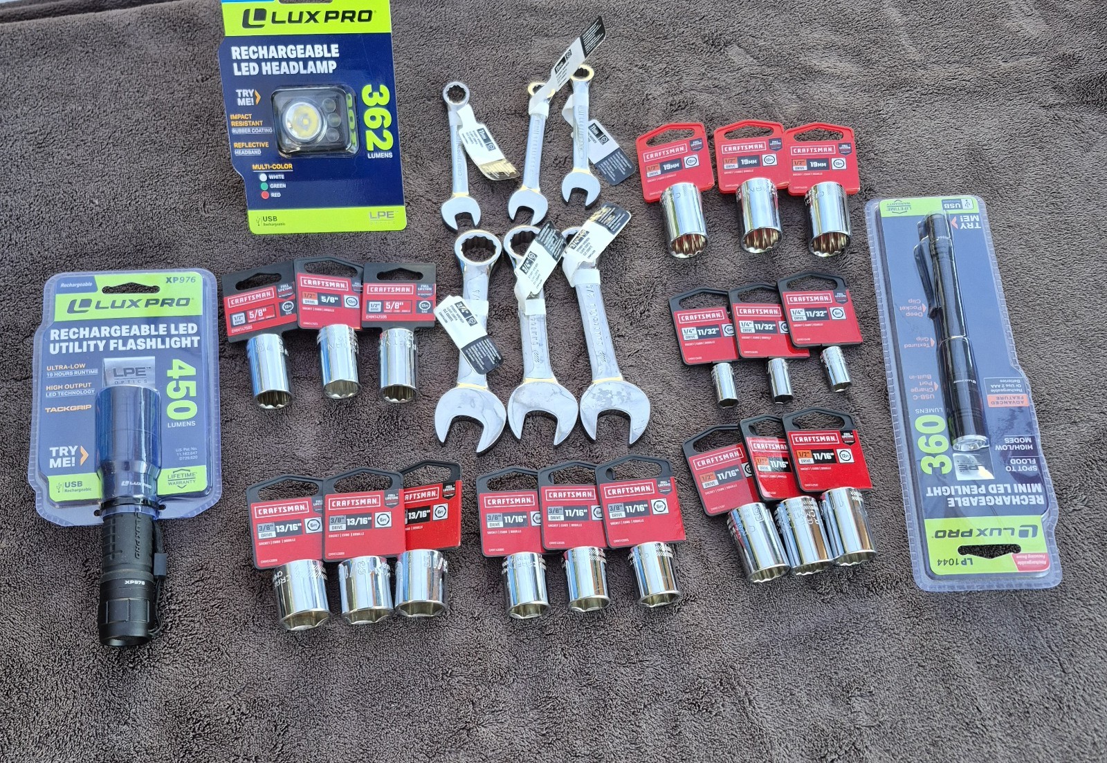 Lot of 24 Pcs CRAFTSMAN Shallow Socket And 3 Pcs Of Rechargeable Led Headlamp