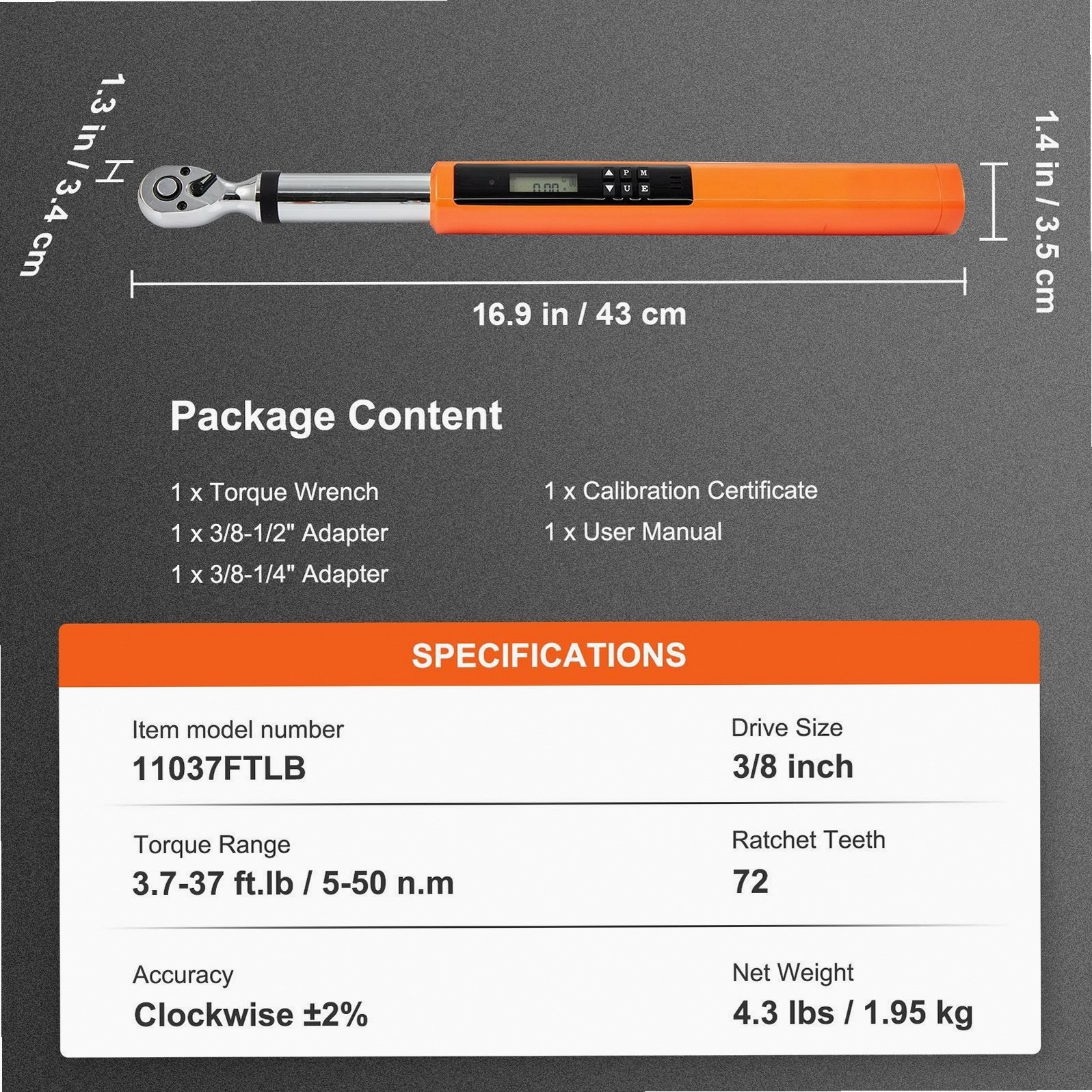 3/8 Drive Digital Torque Wrench ±2% Precision 3 Operating Modes