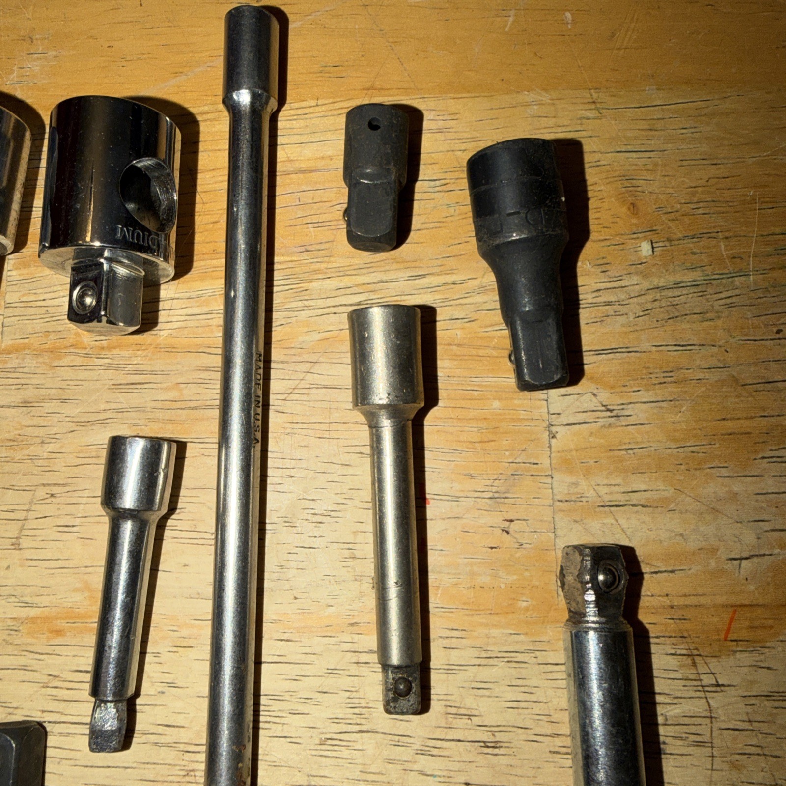 14 Pieces: Extensions, Adapters, T Bar Without T Bar…. Used, Mostly 3/8”, 1/4”
