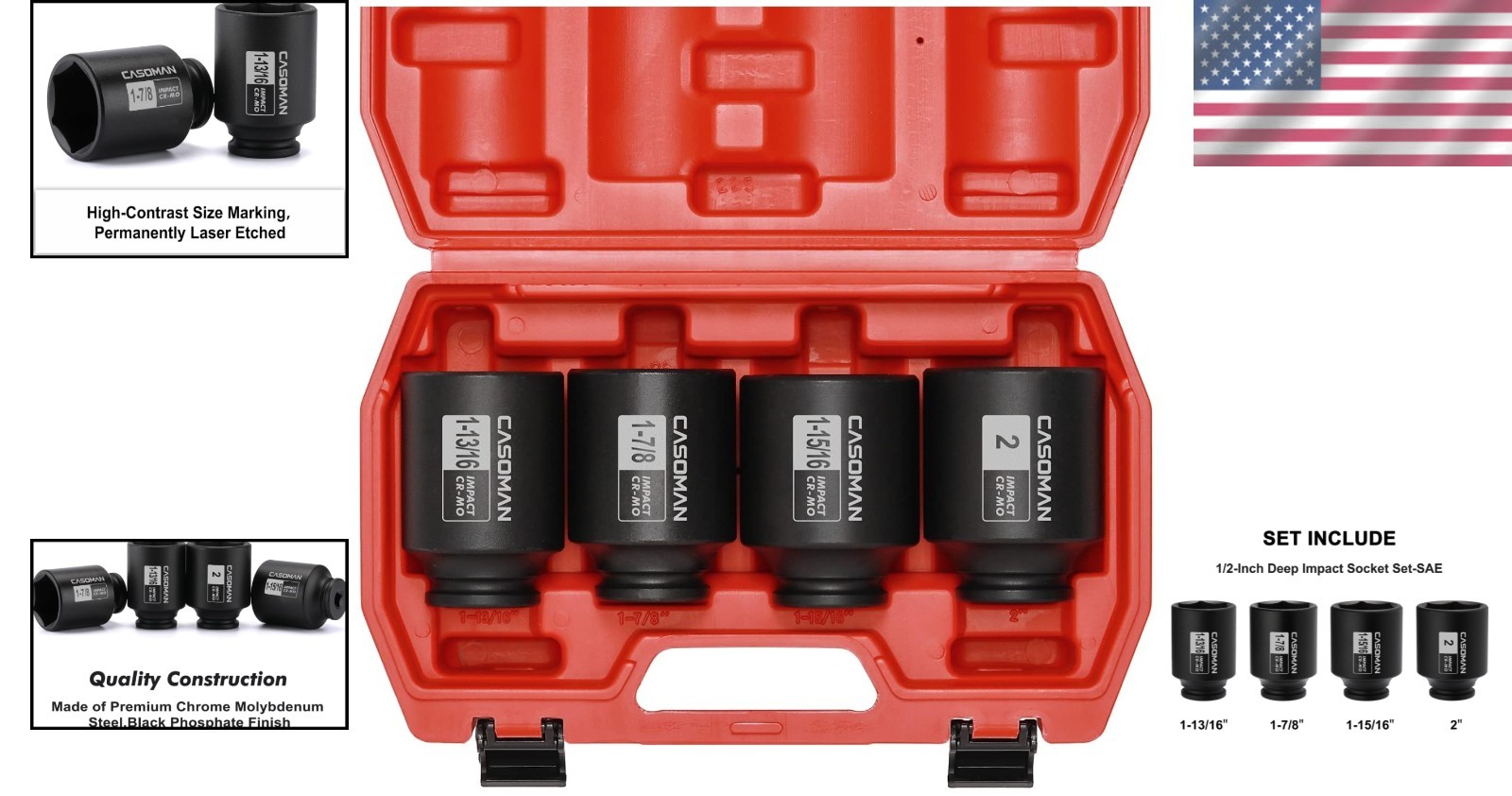 Heavy Duty 1/2-Inch Drive Deep Impact Socket Set – 4 Pieces, Corrosion-Resistant