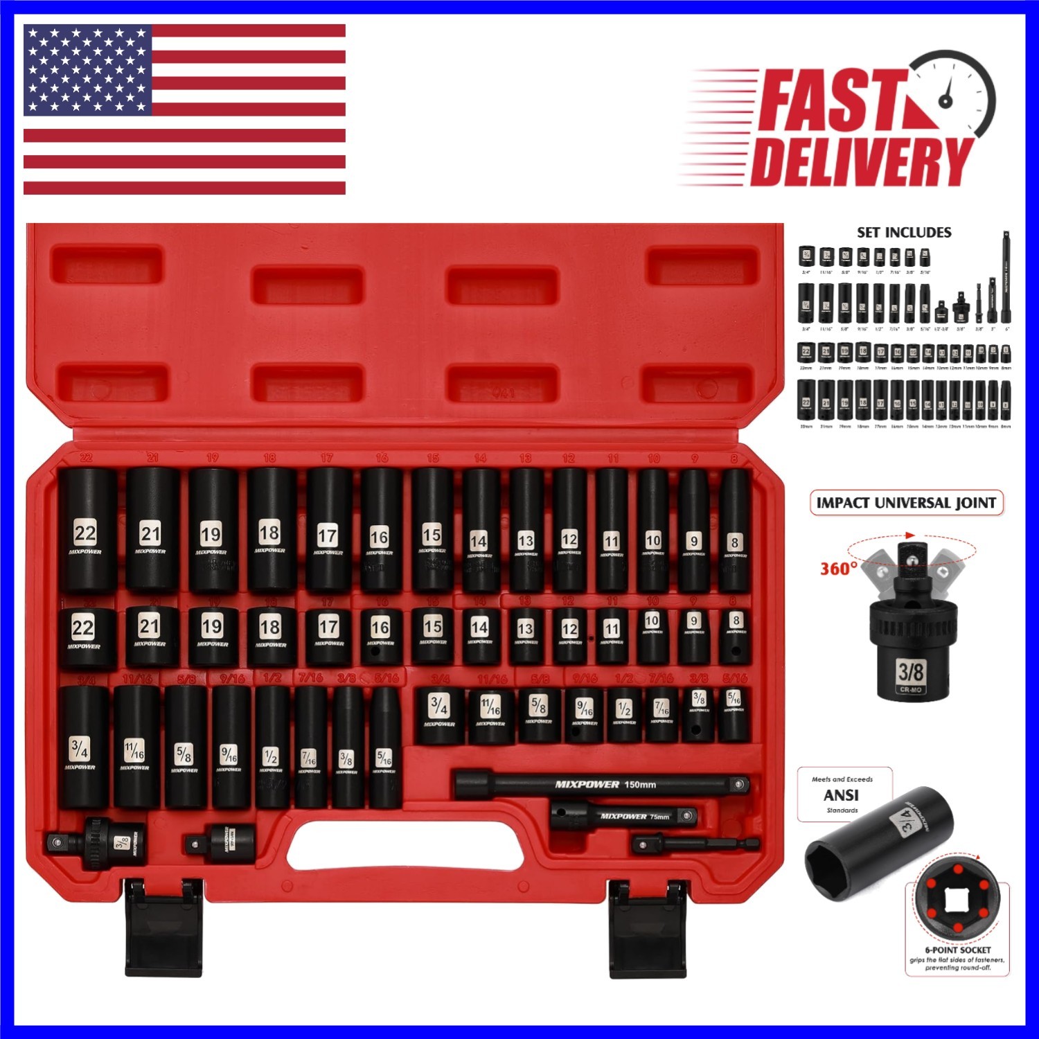 49-Piece Chrome Vanadium Impact Socket Set with 6-Point Design for Mechanics