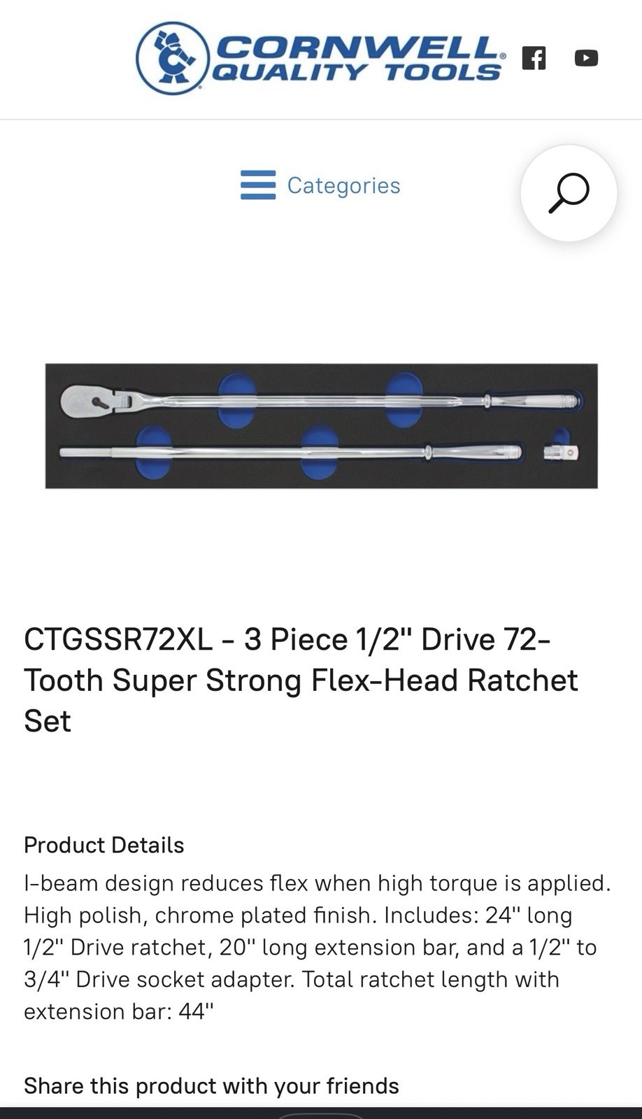 Cornwell Tools 3 Piece 1/2 Drive 72 Tooth Super Strong Flex-head Ratchet Set