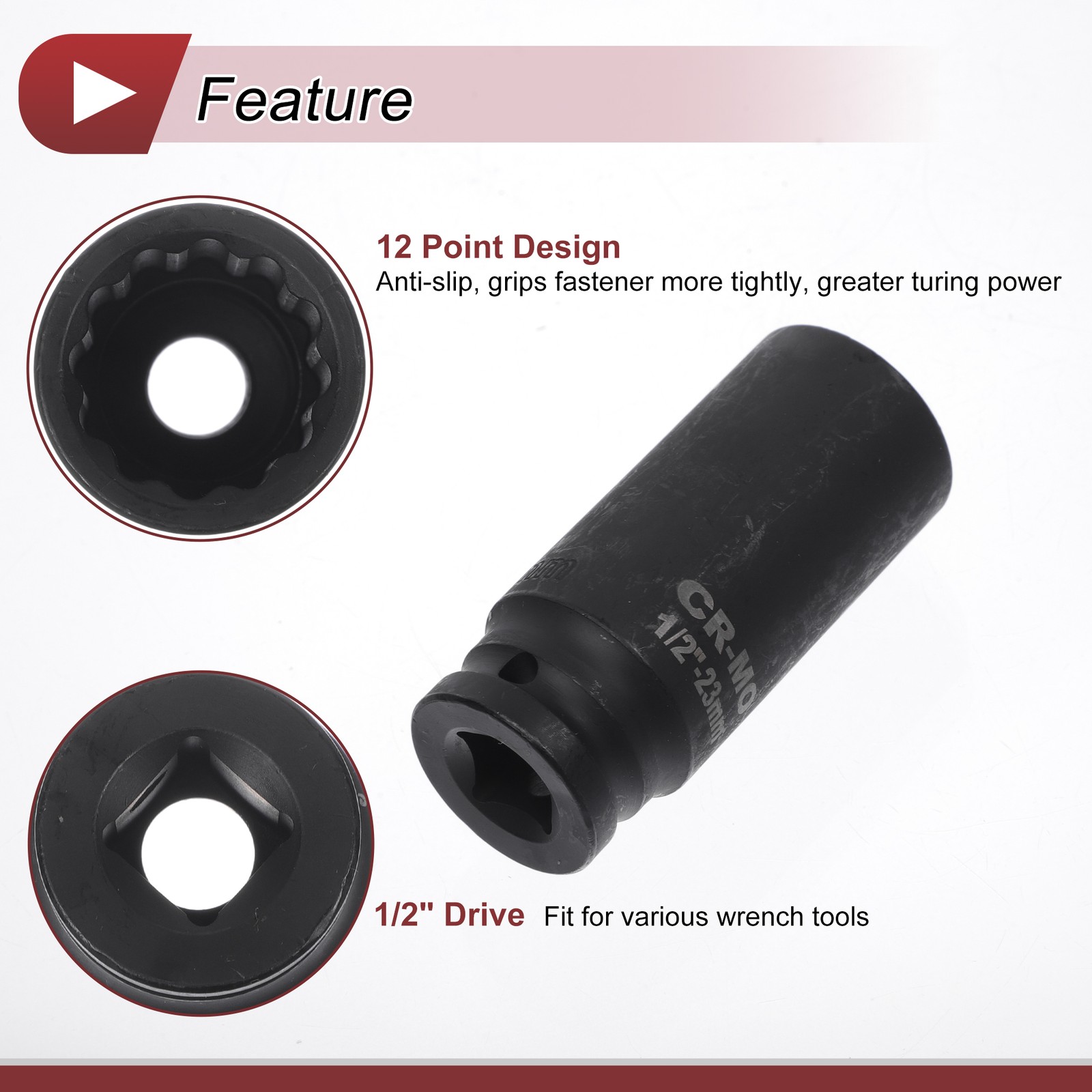 Universal 1/2 Inch Drive Impact Socket 23mm 12 Point High Carbon Steel 1 Pcs