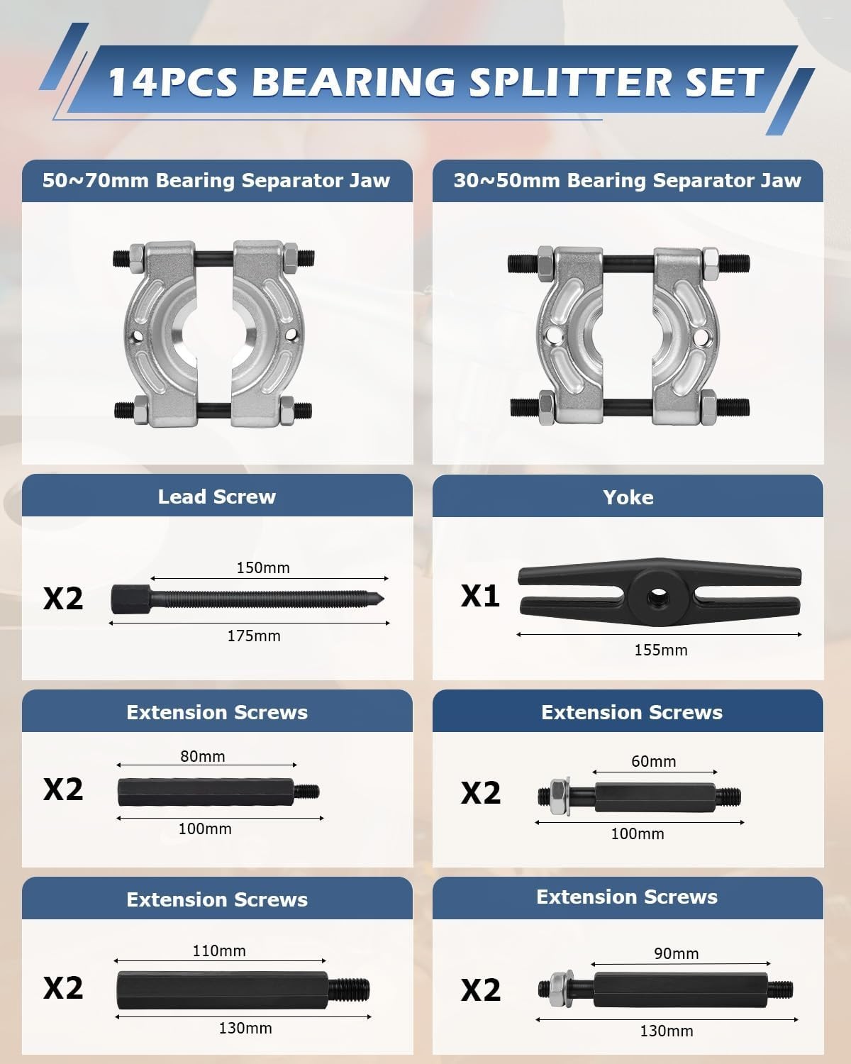 Complete 14-Pc Bearing Separator Tool Kit with Drop-Forged Steel Construction