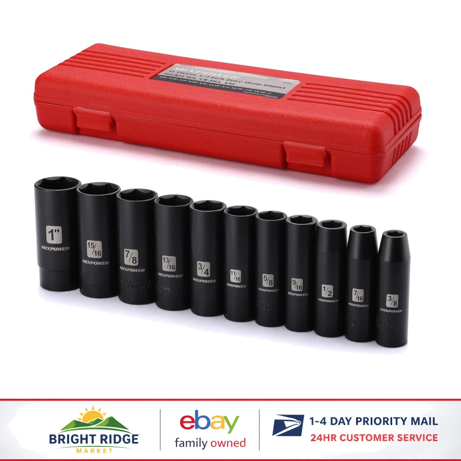 Impact Socket Set, 11 Pieces, 1/2-Inch Drive, Chrome Vanadium with Black Finish