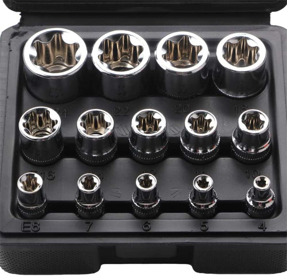 Female E Torx Socket Set with Case includes 1/4, 3/8 and 1/2 inch Drive sockets