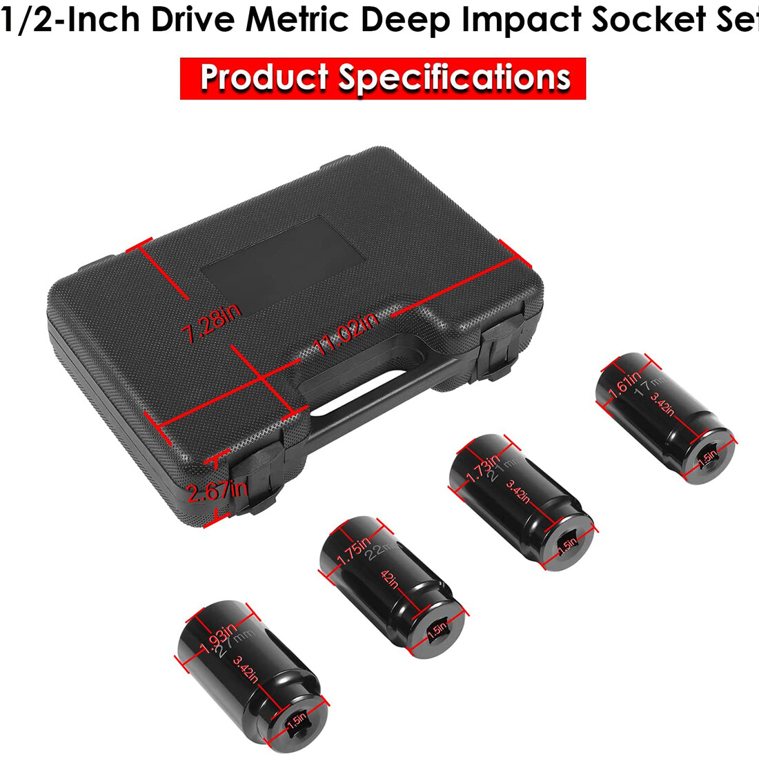 1/2″ Drive Deep Impact Socket Set 17mm 21mm 22mm 27mm Crank Bolt Socket Set 4pcs