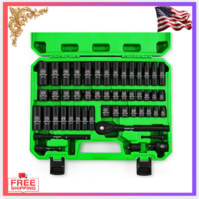 New 50-Piece 3/8″ Drive Impact Socket Set SAE & Metric Cr-V 6 Point Kit