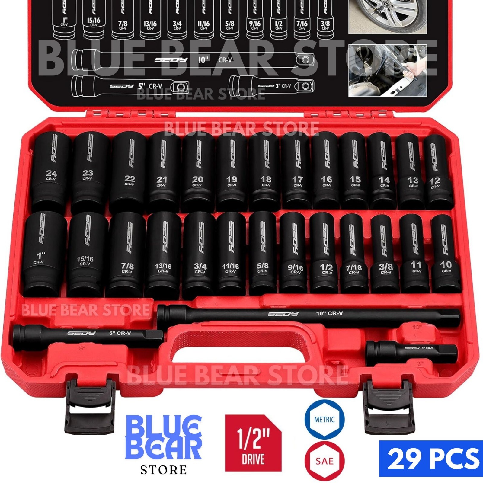 1/2″ Drive Heavy Duty Impact Socket Set Deep Shallow Metric SAE w Extension Bars