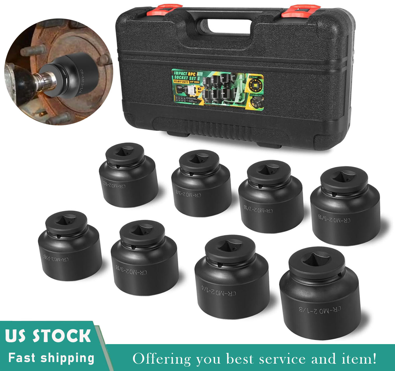 8Pcs 2-1/16″ to 2-1/2″ Sizes 3/4″ Drive Spindle Axle Nut Impact Large Socket Set